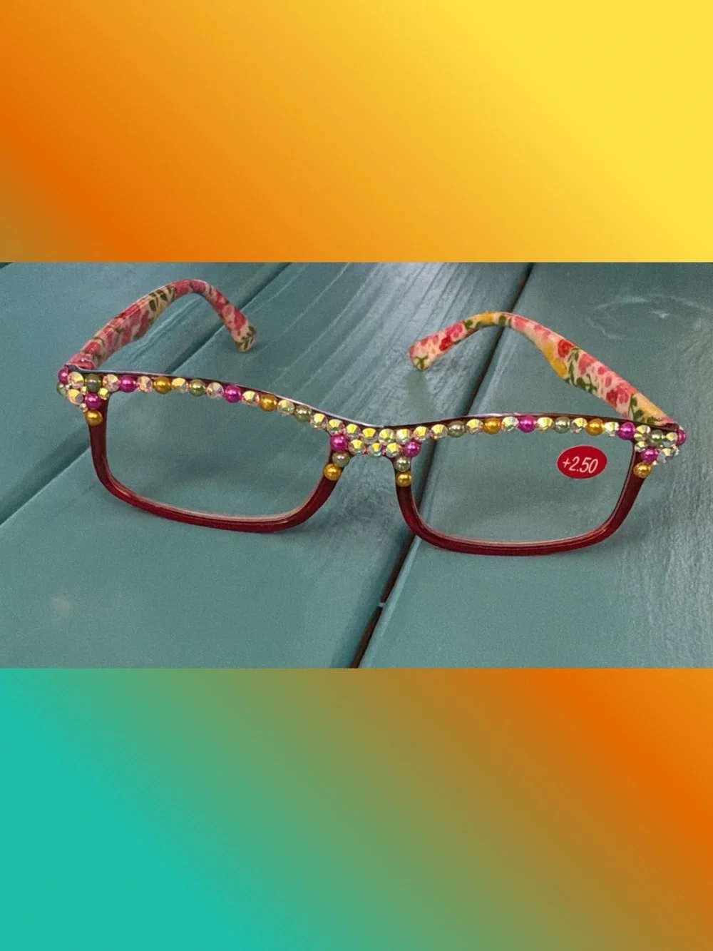 Handmade Bling Reading Glasses (+2.50)- Floral Frame with Multicolor Rhinestones